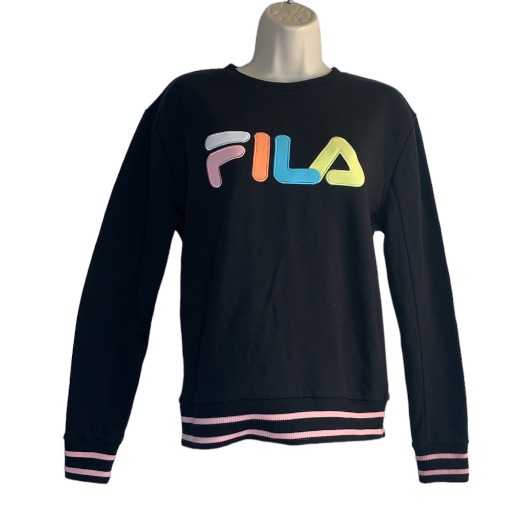 Fila Sweatshirt Women's Black Multicolor Retro Style Logo Patch Top Size S